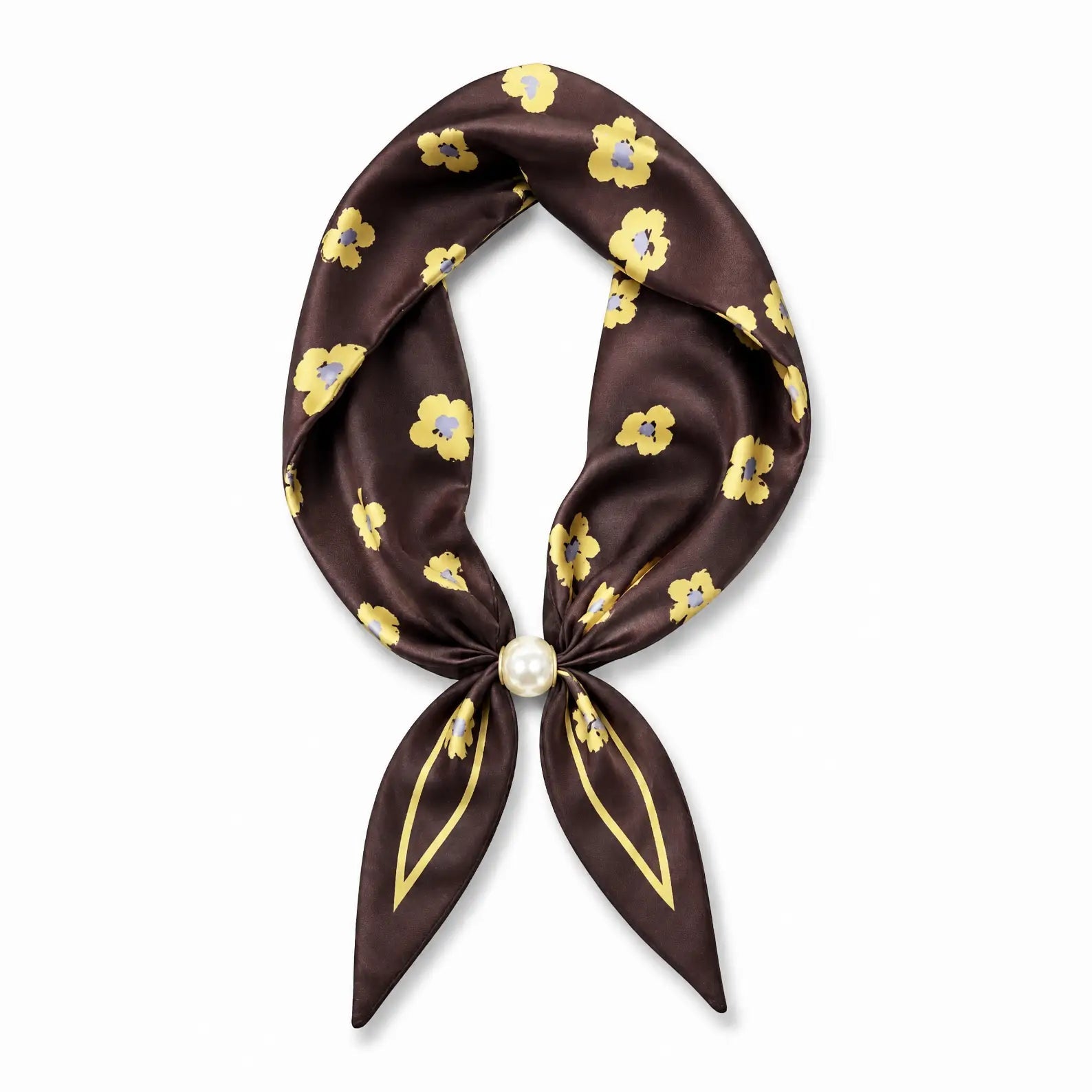 Trestles Clothing Company brown silky scarf with yellow floral print and a magnetic pearl closure detail